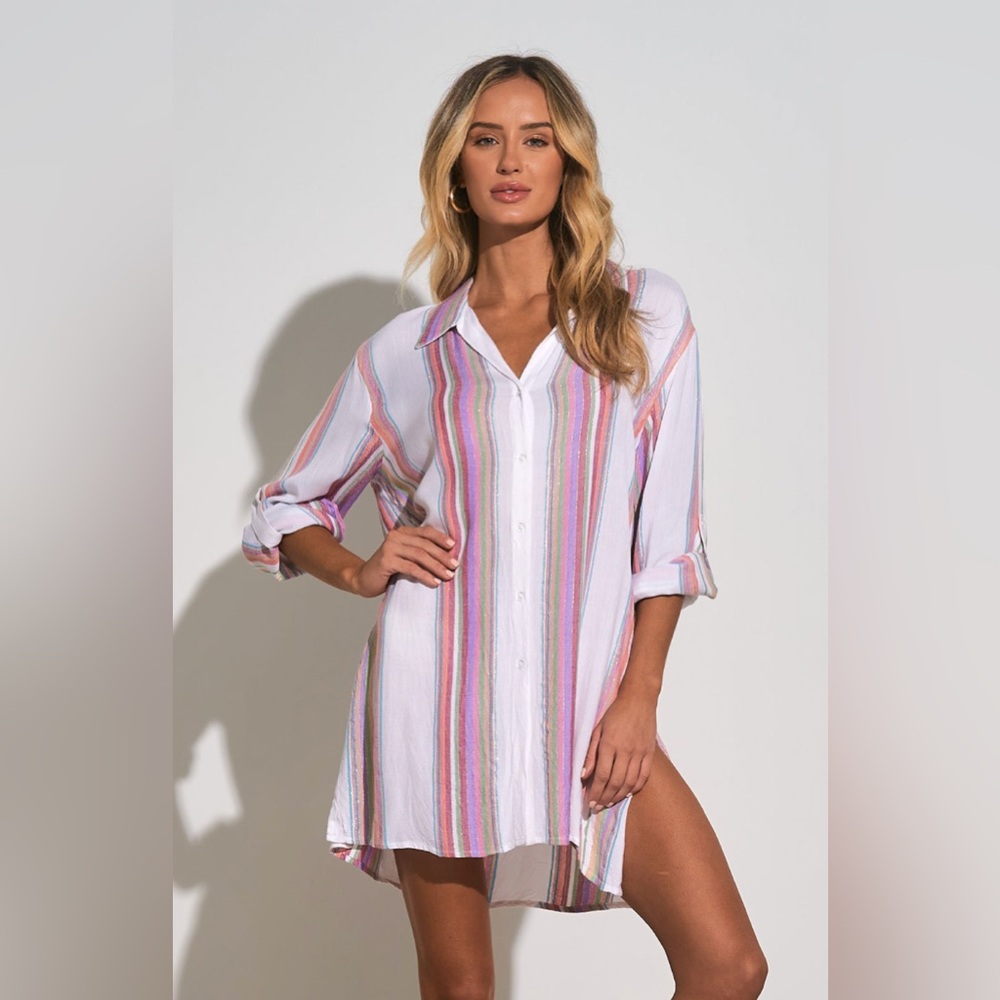 NWT Elan White Multi Stripe Button Up Boyfriend Top cover Up Medium